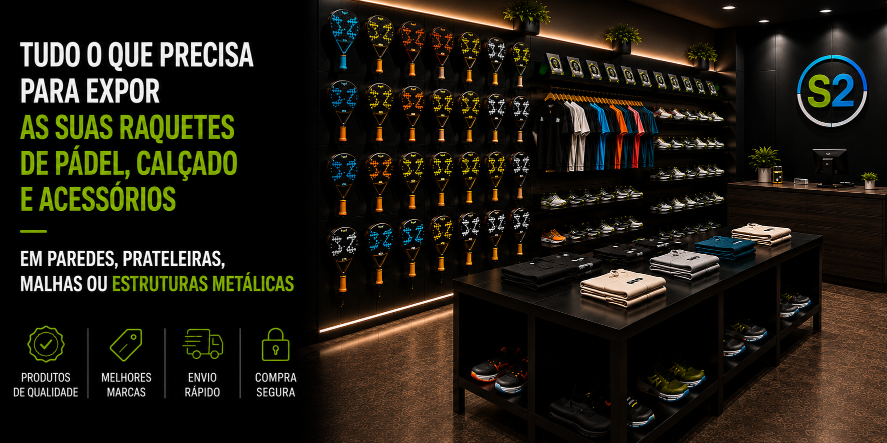 Expositores y soportes para tiendas de pádel con raquetas, calzado y accesorios en espacio comercial moderno Shelf2000